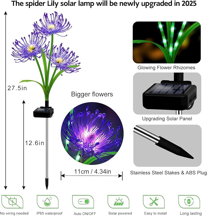 Halloween Solar Lights Outdoor – Purple Spider Lily Flowers,6 Pack 18-Head with Glowing Stems,Waterproof Solar Powered Garden Decor for Yard,Patio,Lawn,Spooky Halloween Decorations & Gifts