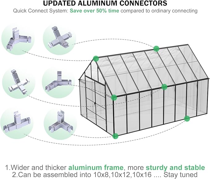 Greenhouse, 10x16 FT Easy Assembly Hybrid Polycarbonate Greenhouses for Outdoors w/3 Vent Windows & Swing Door Walk-in Green Houses Aluminum GreenHouses for Garden, Black