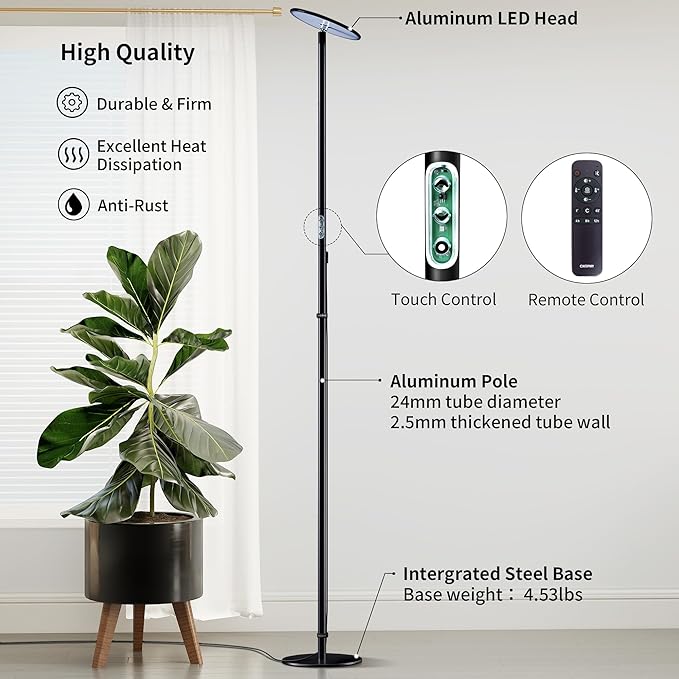 chiphy Grow Lights, 85" Full Spectrum Plant Light for Indoor Plants, 4/8/12H Timer, 60W Grow Lamp, 10 Dimmable Brightness, Height Adjustable, Remote Control, Ideal for Large Tall Plants