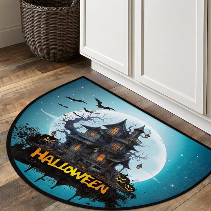 Halloween Half Round Door Mat, Halloween Bat Castle Moon Semicircle Door Mats, Non Slip Area Rug Soft Doormat for Indoor Entrance Wear Resistant Welcome Mat for Garage Patio Home Decor 24 x 36 In