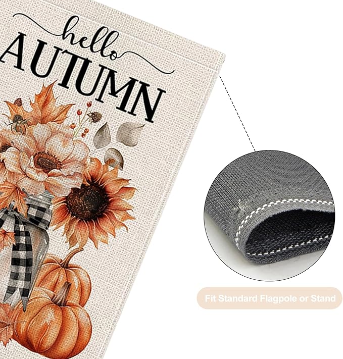 Fall Garden Flag 12 x 18 Inch Double Sided Hello Pumpkin Sunflower Maple Leaves Designs Autumn Burlap Yard Flag for Outside Rustic Yard Outdoor Holiday Home Decoration