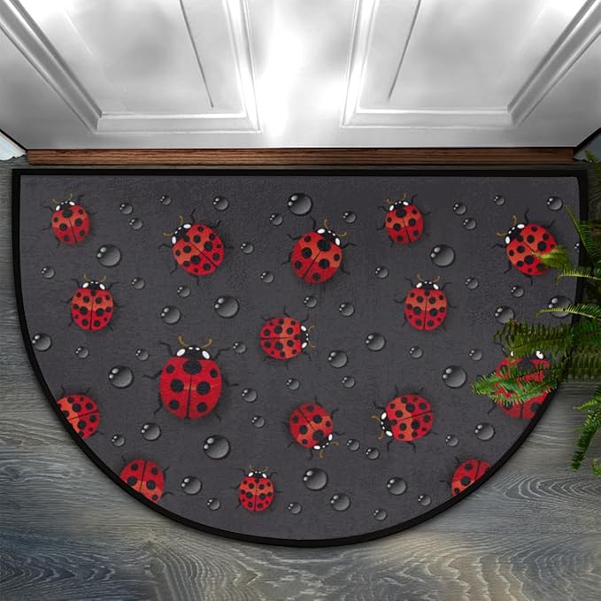 cfpolar Ladybug Half Round Door Mat - Rainy Day Cute Ladybird Black Semicircle, Non-Slip Soft Area Rug for Indoor Entrance, Wear-Resistant Welcome Mat for Garage, Patio, Home Decor - 24 x 36 in