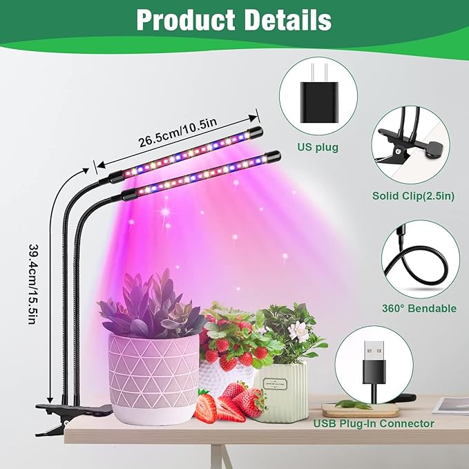 Garpsen Grow Lights for Indoor Plants, 2PCS 2 Heads Full Spectrum Led Grow Lights for Seed Starting, 80 LEDs Plant Grow Light, with Auto ON/Off 6/12/16H Timer, 5 Dimmable Levels (460nm/660nm/3000K)