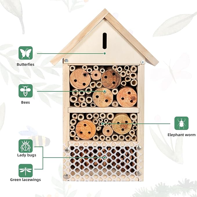 antiai DIY Wooden Insect Hotel Mason Bee Butterfly House,Insect Hotel, Outdoor Garden Decor Bamboo Habitat for Bee Butterfly Ladybugs Live,Educational Bee Hotel Kit for Parents & Teachers