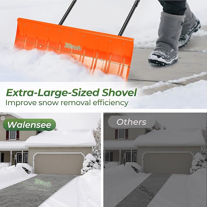 Walensee 30in Metal Snow Shovel for Driveway with Wheels, Snow Pusher Large Blade for Sidewalk Efficient Snow Removal, U-Shaped Handle, Heavy Duty Snow Shovels, Back Saver Snow Plow for Deck