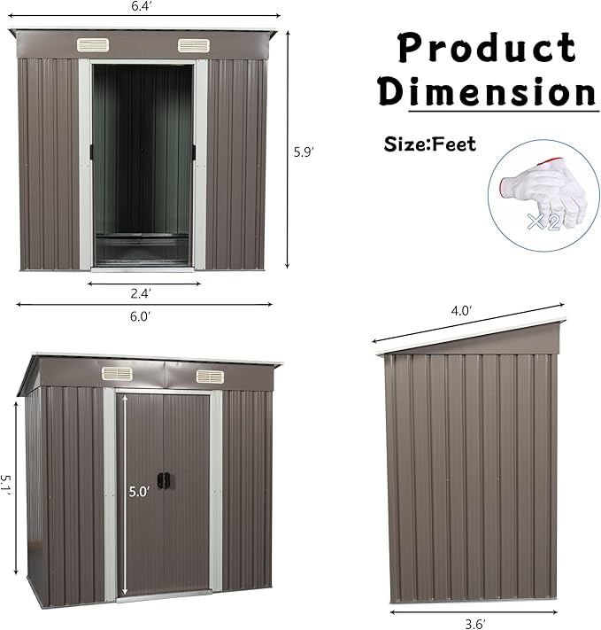 6 x 4 FT Outdoor Storage Shed,Metal Anti-Corrosion Utility Tool House with Punched Vents, w/Sliding Doors & Padlock,Waterproof Garden Sheds for Backyard Lawn Patio,Grey
