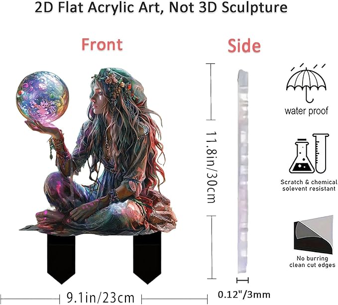 Fairy Garden Stake Decor, 2D Flat Acrylic Fairy Garden Decor Panel, Elf Yard Sign for Outdoor Indoor Yard Lawn Plants Pots, Fairy Garden Accessories (Maiden with Magic Ball)