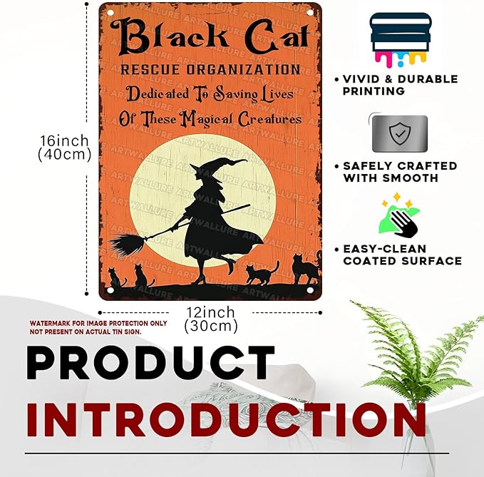 Black Cats Rescue Halloween Decor Vintage Metal Tin Sign Rustic Wall Art Gothic Home Decor Tin Plaque Retro Metal Poster for Bar Cafe 12x16inch