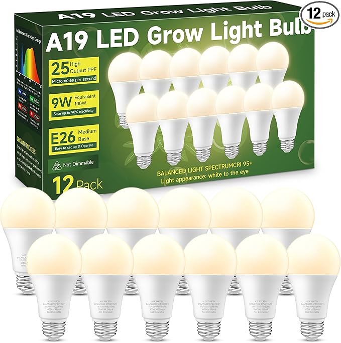 Grow Light Bulbs, Full Spectrum Light Bulb, A19 Grow Light Bulb, Plant Light Bulbs E26 Base, 9W Plant Grow Light Bulbs 100W Equivalent, Grow Light for Indoor Plants, Seeds, Flowers, 12 Pack