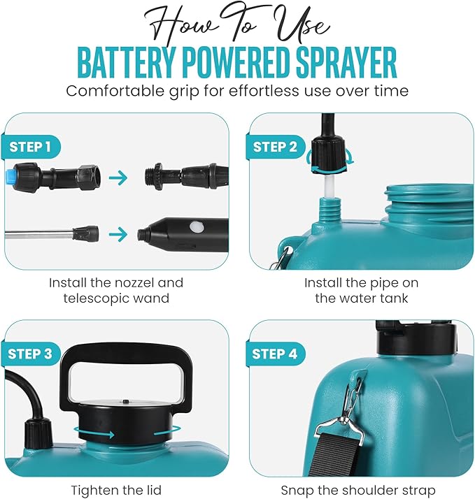 Automatic Battery Powered Sprayer – 1.35 Gal Cordless Electric Sprayer with Zero Pump, Electric Water Sprayer with 3 Nozzles, USB Rechargeable Handle, & Adjustable Shoulder Strap