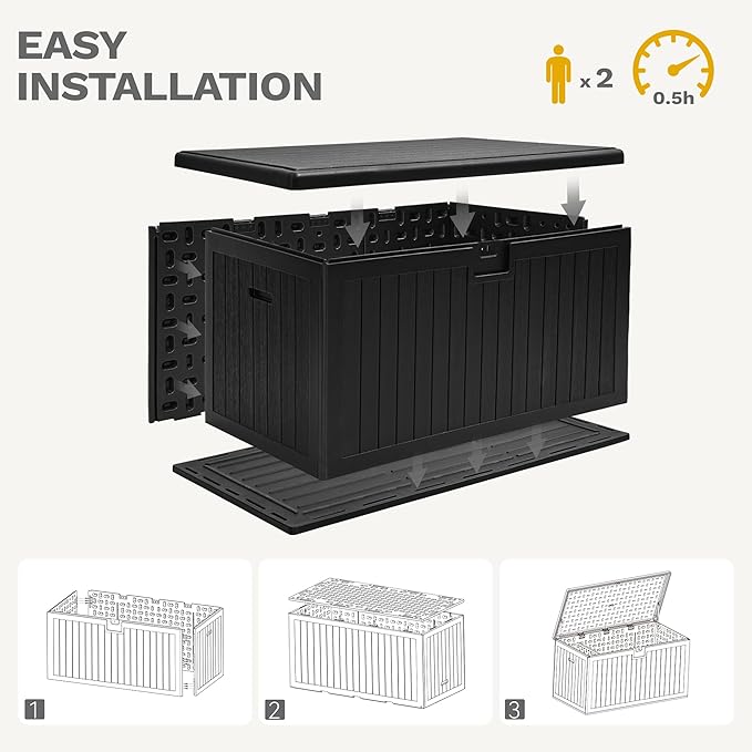 DWVO 150 Gallon Resin Outdoor Storage Box, XXL Double-Wall Waterproof Deck Box, Doubles as Table or Seating with 1000 lbs Capacity, Lockable (Black)