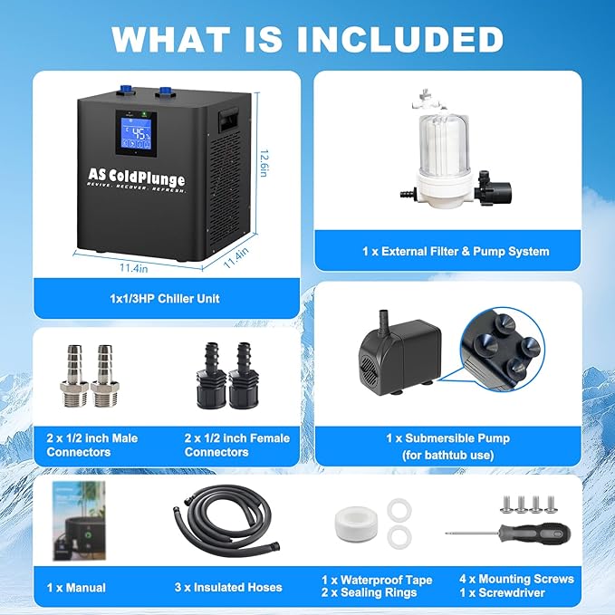 Ice Bath Water Chiller for Cold Plunge Tubs, 1/3 HP Upgraded Ice Bath Chiller with External Filter Water Pump, Ideal for Cold Plunge Recovery Ice Bath Tubs Home Use 110V Cooling Chiller