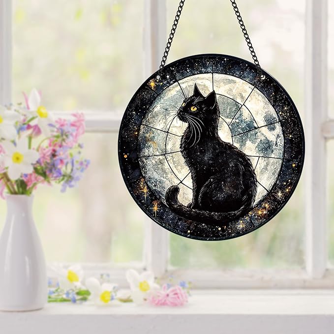 Black Cat Sun Catcher - Black Cat Full Moon Acrylic Suncatcher Rainbow Maker Stained Acrylic Window Hanging Ornament Indoor Outdoor Decoration Home Garden Decor Chain Pendant Memorial Gifts