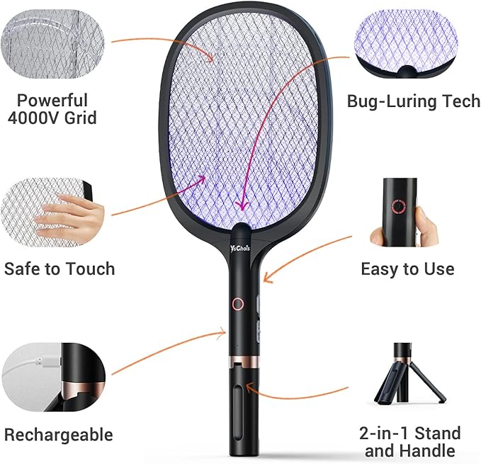 Electric Fly Swatter Racket, Rechargeable Fly Zapper - 4000 Volt, Exclusive 2-in-1 Bug Zapper Racket - USB Charging, 1800mAh Li-Battery, Indoor & Outdoor Use, Black, 2 Packs