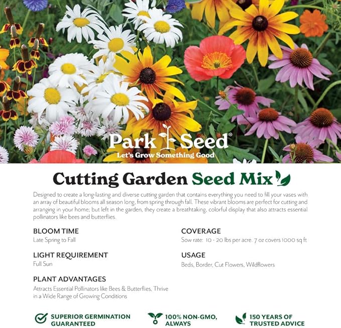Park Seed Grow Your Own Vibrant Annual and Perennial Wildflower Garden Seeds Mixture, Easy to Grow Varieties for Pollinators and Spring Gardens - Cutting Garden Mix, 1/4 lb