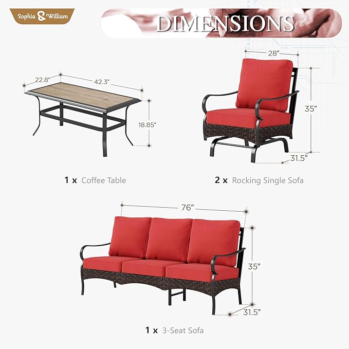 Sophia & William Patio Furniture Set, 4 Piece Metal Outdoor Conversation Set with 3-Seater Outdoor Couch, 2 Sofa Chairs, 1 Coffee Table for Outdoor Seating, Backyard, Porch(Red)