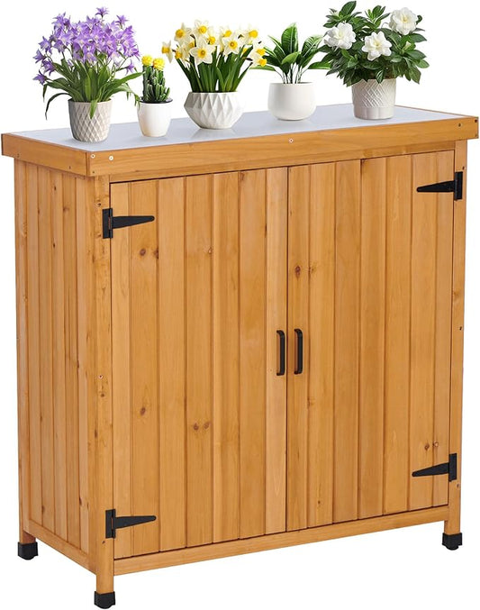 Outdoor Potting Bench with Metal Work Top,Waterproof Garden Storage Cabinet,Wooden Tool Station Shed for Backyard,Patio,Lawn Gardening