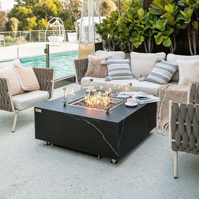 Sofia Marble Fire Pit 39.4" x 39.4" Outdoor Patio Firepit Includes Fire Glass Modern Fire Pits & Outdoor Fireplaces for Garden, Deck, Indoor & Outdoor Heating