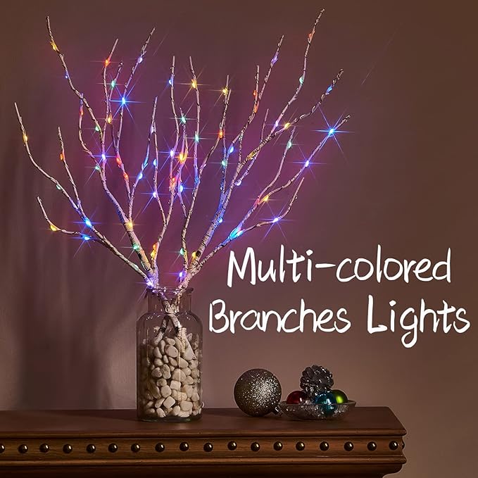 Fudios Lighted Birch Branches with 70 Multicolor LED Fairy Lights 18in Battery Operated, Lit White Twig Branches Color Changing Lights for Christmas Party Decoration
