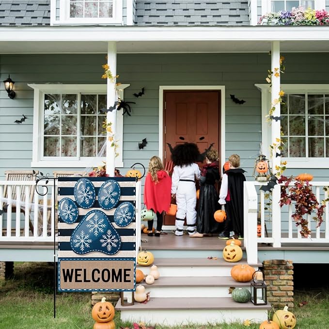 Fokongna Winter Welcome Garden Flag, Dog Paw Print Winter Christmas Decor Garden Flag, 12x18 Inch Burlap Vertical Double Sided Flags, for Home Yard Outside Decorations