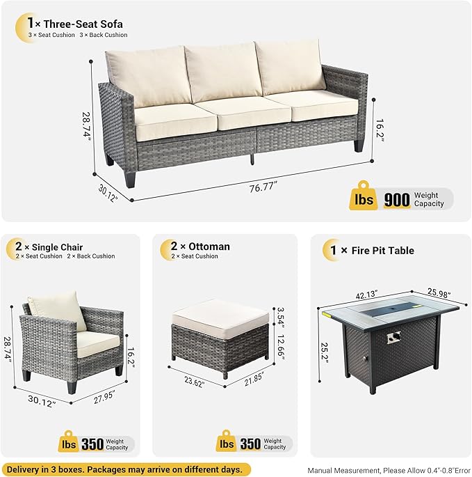 ovios Patio Furniture Set, 6 Pieces Outdoor Wicker Sofa Couch with Fire Pit Table, Ottomans and Comfy Cushions, All Weather High Back Rattan Conversation Set, Beige