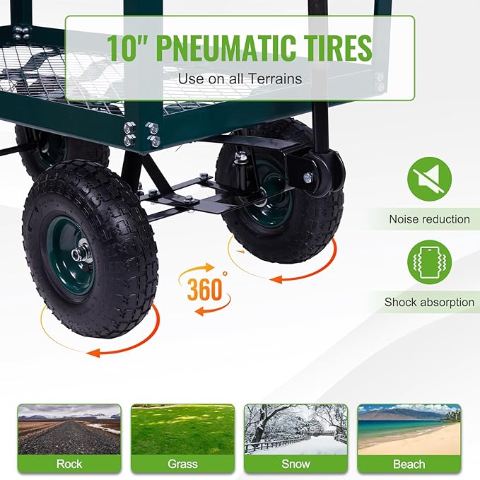 Backyard Expressions 2-Tier Heavy Duty Steel Garden Cart with Mesh Shelves and Pneumatic Wheels – Utility Wagon for Lawn, Yard, Landscaping & Outdoor Projects