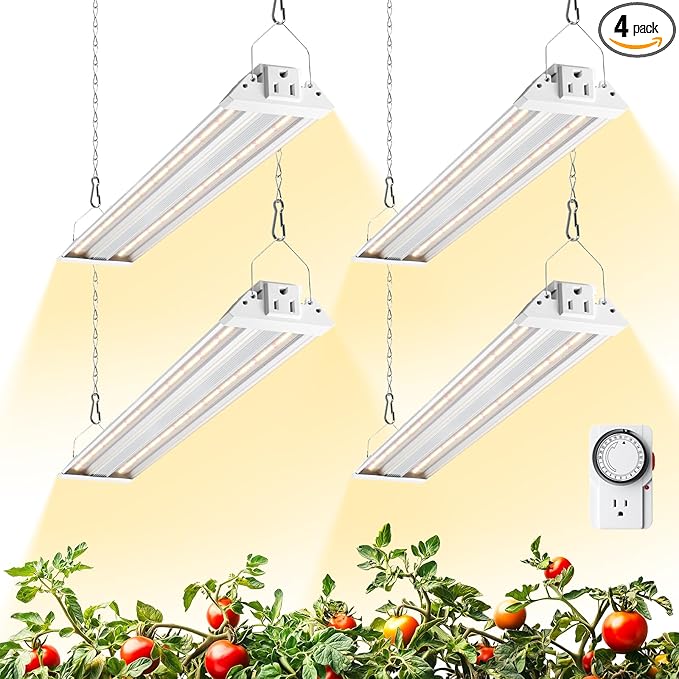 Barrina TX36 2FT Grow Light, 144W(4 x 36W, 800W Equivalent), High PPFD, Full Spectrum, Mechanical Timer, Hanging Plant Lights for Indoor Growing, Seedlings with On/Off Switch, Linkable, 4 Packs