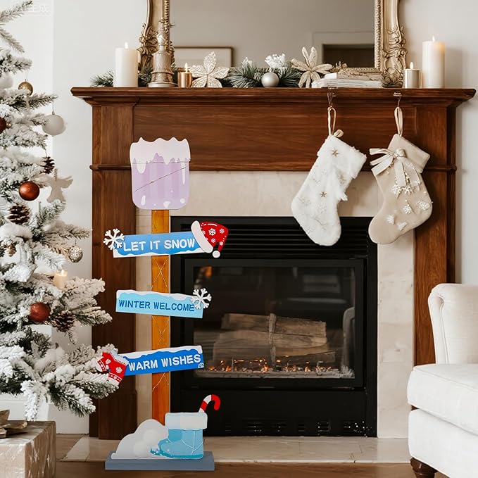 Lighted Let It Snow Winter Welcome Porch Sign, Christmas Wood Snow Shovel Warm Wishes Standing Sign Decorations,Xmas Hat Gloves Candy Cane Sign For Indoor Outdoor Yard Decor