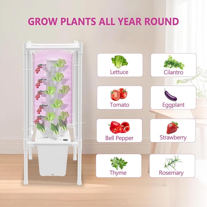 Hydroponic Growing System, Planter Germination Tower with Pump, 30 Pods Indoor Gardening Vertical Garden Planter Indoor Smart Garden Kit for Gardening Lover Herbs,Fruits (White)