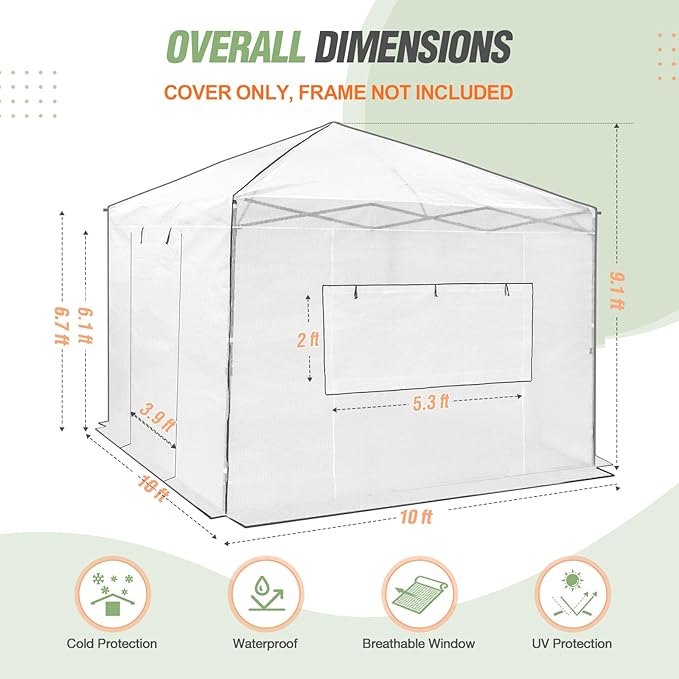 EAGLE PEAK Replacement Cover for 10x10 Portable Walk-in Pop up Greenhouse, Front Roll-Up Zipper Entry Door and 2 Large Roll-Up Side Windows (Frame Not Included), White