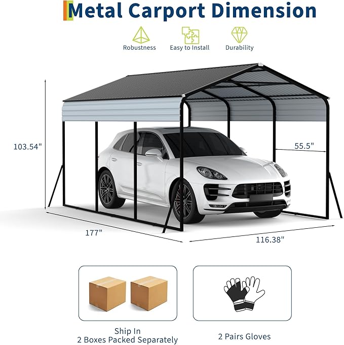 10x15 FT Metal Carport, Heavy Duty Carports Canopy with Galvanized Steel Frame & Roof, Outdoor Garage Car Port for All-Weather, Outdoor Galvanized Shelter for Car, Boats and Truck