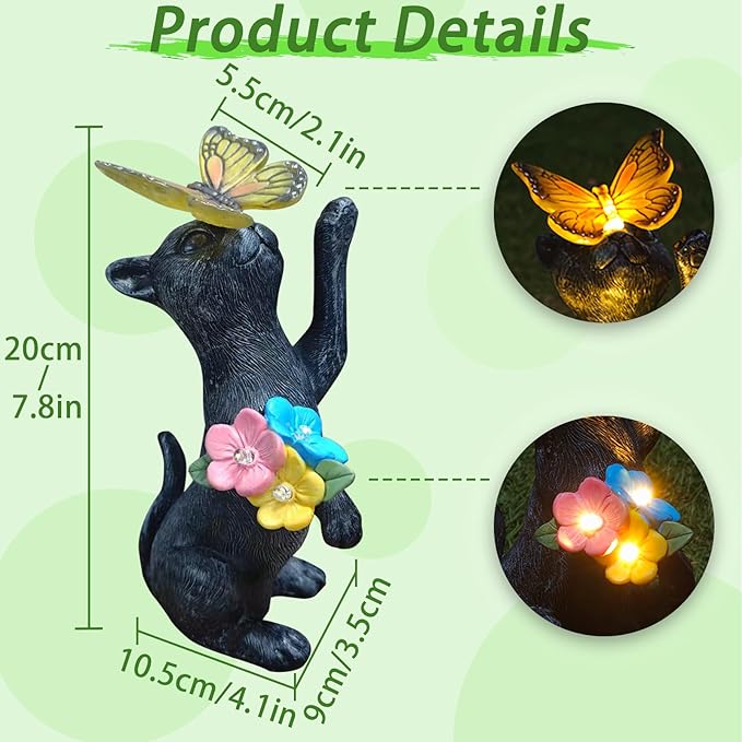 Solar Cat Garden Statue Outdoor Decor - Resin Cat Butterfly Statues for Outside Waterproof, Animal Figurines for Patio Balcony Yard Art Lawn Ornaments, Unique Birthday Gifts for Mom/Women/Grandma