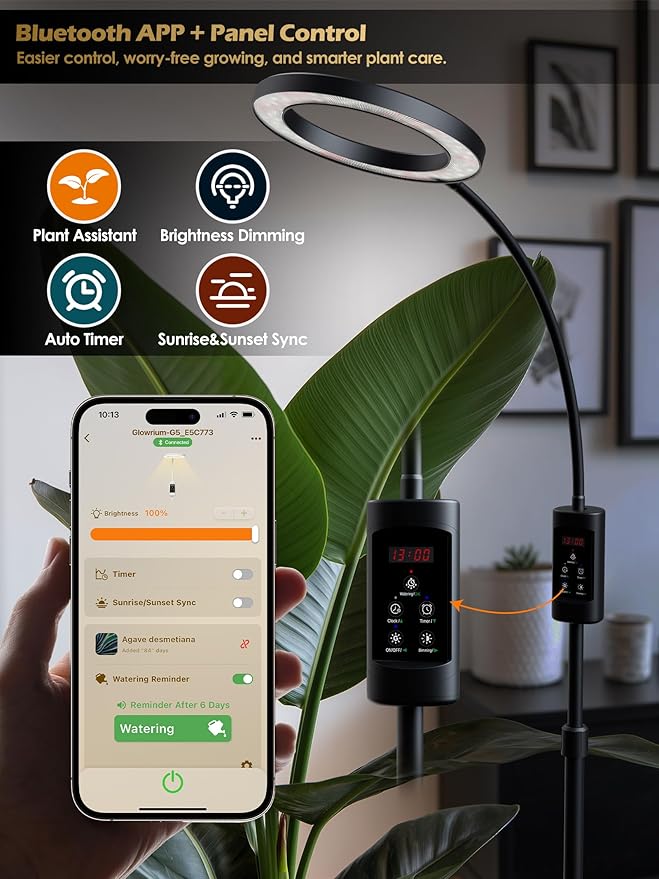 Smart Grow Lights for Indoor Plants,24W Plant Light with Auto-Timer,Full Spectrum LED Grow Light, Adjustable Height & Stepless Dimming,Plant Assistant Suitable for Most Plants (Black, 24W)