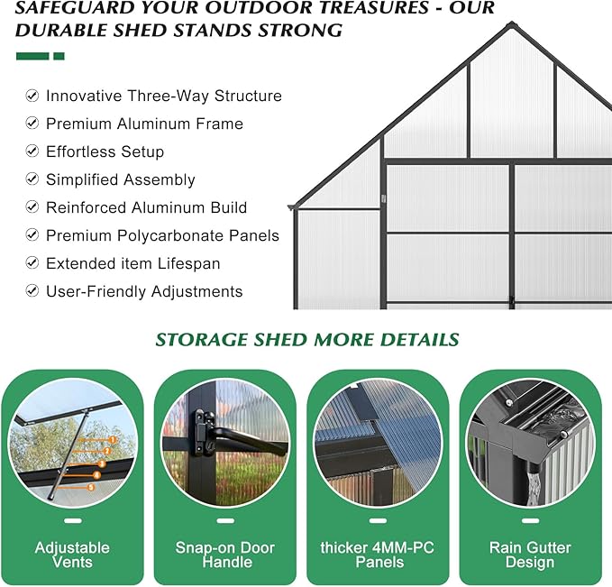 10x10x12 FT Heavy-Duty Greenhouse 2.0 with Polycarbonate Panels, Swing Door, Hinged Roof Vent, and Rain Gutters for Outdoor Use, Aluminum Black