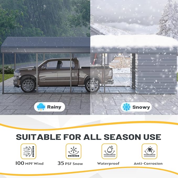 EROMMY 10x25 FT Carport Storage Shed 2-in-1, Heavy Duty Car Port with Galvanized Metal Frame, Base-Reinforced Enclosed Storage Shelter, Extended Coverage for Trucks, Cars & All Vehicles, Gray