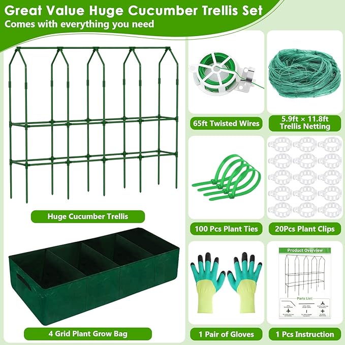 Large Cucumber Trellis for Climbing Plants with Grow Bag, 67"×65"×16.5" Metal Garden Trellis for Raised Bed with Garden Netting and Plant Clip Plant Ties for Vegetables, Squash, Pea, Grape, Tomato