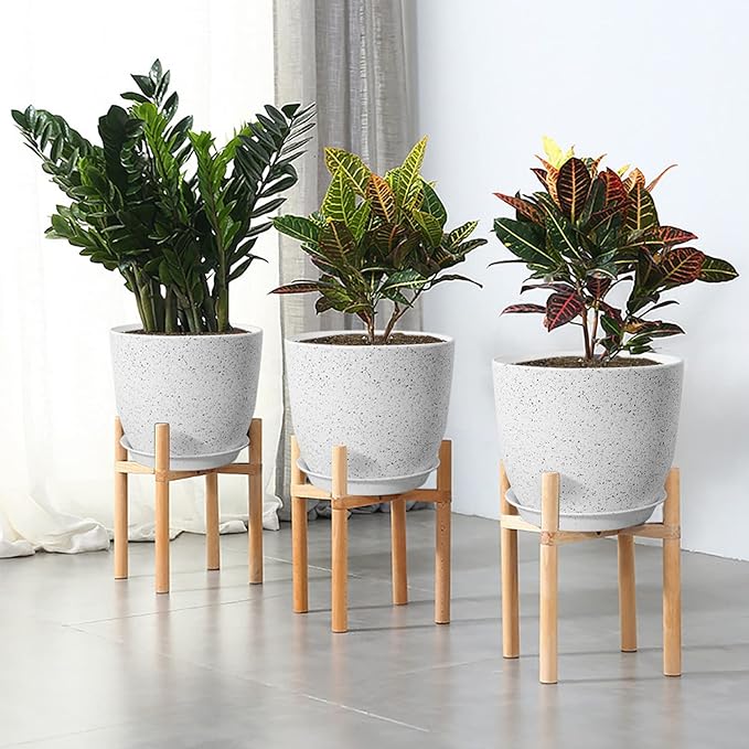 WOUSIWER Plant Pots 10/9/8 inch, Set of 3 Modern Decorative Plastic Planters with Drainage Holes and Saucers for House Plants Indoor Flowers Plants, White Speckles