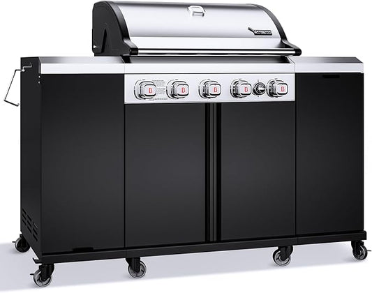 Brand-Man Propane Gas Grill Island Outdoor Kitchen & Storage Cabinets, 52000 BTUs Stainless Steel Burner Patio Cooking BBQ Grill with Side Burner - Natural Gas Convertible, Black (5 Burner)