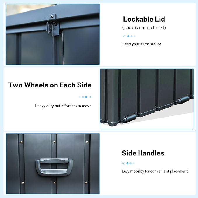 160 Gallon Outdoor Storage Deck Box Made of Galvanized Steel, Waterproof All Weather Outside Storage Bench UV-Resistant on Wheel, Lockable Package Delivery Box for Porch, Cushion, Tools, Grey