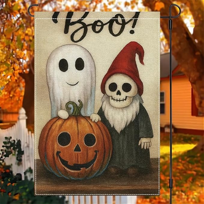 Halloween Garden Flag 12x18 Inch Double Sided Ghost Pumpkin Skeleton Yard flag Outdoor Holiday Party Porch Decor for Patio Lawn Garden Home Decoration