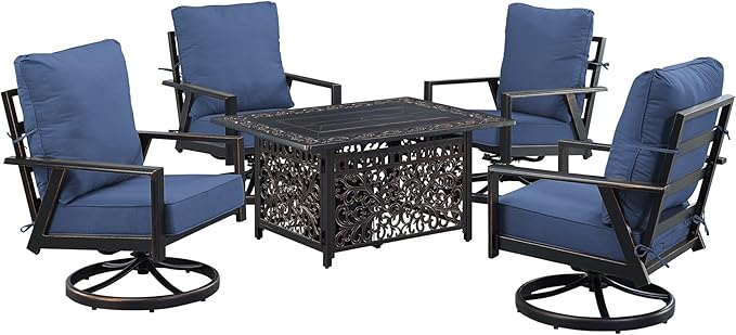 Oakland Living Black Aluminum Patio Fire Table Set with Four Club Chairs with Blue Cushions