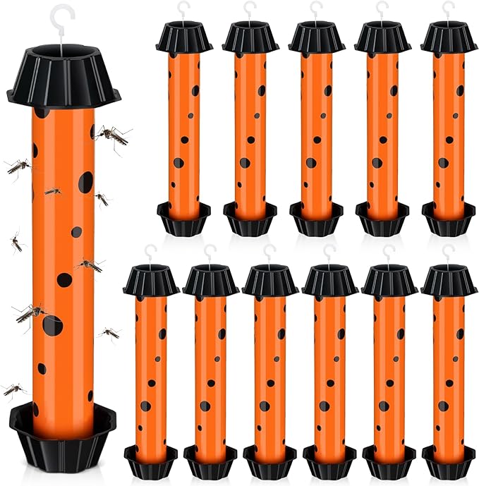 Qualirey 12 Pcs Sticky Fly Trap Fly Stick Indoor Outdoor Long Lasting Adhesive Fly Catcher with Hanging Hook for Wasps Gnats Bugs Insects Moths Fruit Flies Mosquitoes Spiders Fleas (Orange, Black)