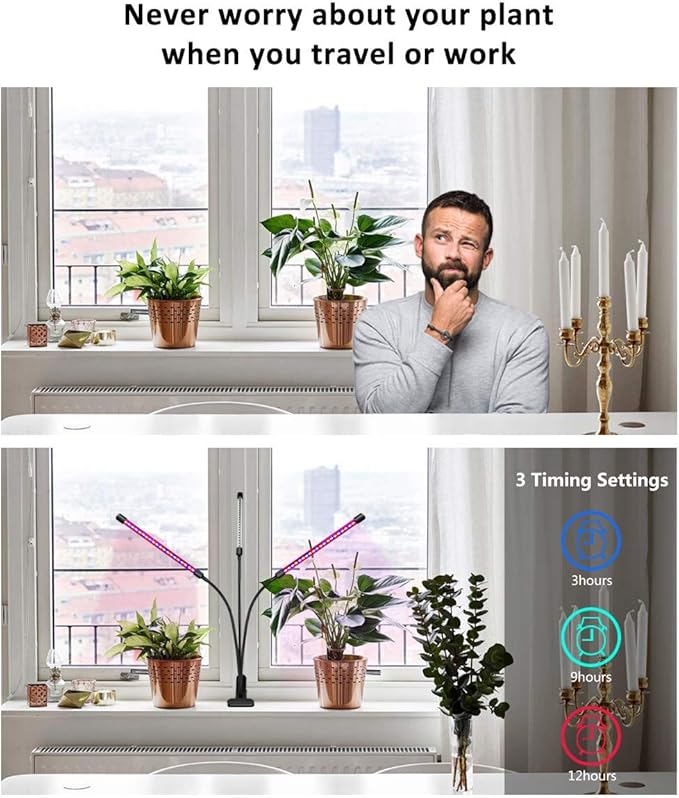 bseah Grow Light Plant Lights for Indoor Plants, Clip-On Full Spectrum Plant Grow Lights, Auto ON & Off Timer 3/9/12H, Dimmable Brightness & 3 Light Modes