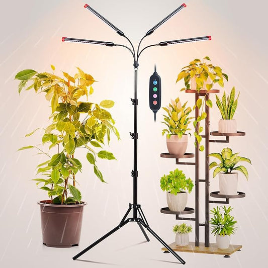 4Head Grow Lights for Indoor Plants, Seed Starting, Vegetables, Bonsai with Tripod Stand and Auto On/Off Timer 4/8/12H, 36W Power Full Spectrum Standing LED Plant Growing Lamps, 360° Gooseneck