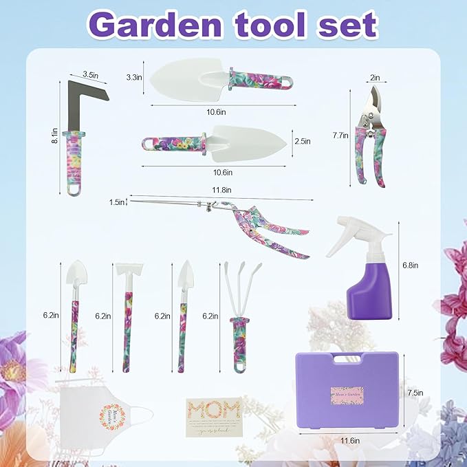 Gardening Gifts for Mom Kit with Purple Flower Print,Garden Hand Tool Set for Women Mothers Day Birthday Gift
