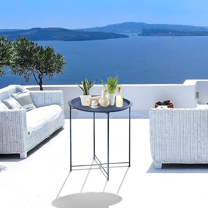 Garden 4 you End Table 2 PCS Metal Side Table Dark Blue Round Folding Tray Cyan Sofa Small Accent Fold-able Table, Round End Table Tray, Next to Sofa Table, Snack Table for Living Room and Bed Room