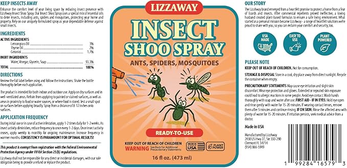 Insect Shoo Spray - Insect Repellent Spray - Pet and Kid Safe Ant, Mosquito, and Spider Repellent for Indoor/Outdoor Use - Lemongrass, Thyme, Geraniol Powered Bug Control for Home
