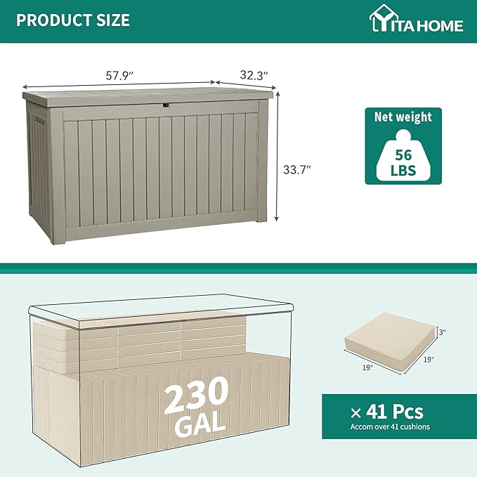 YITAHOME XXL 230 Gallon Large Outdoor Storage Deck Box for Patio Furniture, Outdoor Cushions, Garden Tools and Sports/ Pools Equipment, Weather Resistant Resin, Lockable (Taupe)