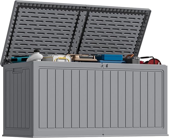 Greesum 260 Gallon HDPE Outdoor Storage Box - Waterproof, Large Capacity Deck Box with Removable Dividers for Patio, Yard, Garden Tools, Light Grey