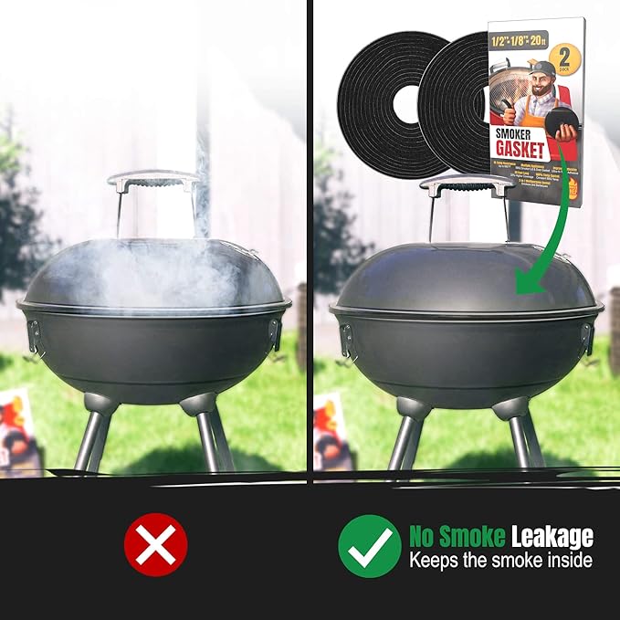 XXL 20 FT Grill Gasket for Smokers - Black 1/2’’ x 1/8’’ Hi Temp Seal Smoker Gasket – 2-Pack x 10 FT Self Stick Black Nomex Fire Tape for BBQ Lid – High Heat Temperature Material Replace